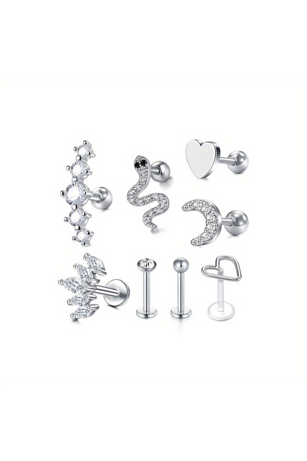 Silvery-8PCS 8Pcs 16G Stainless Steel Elegant And Delicate Cartilage Stud Earrings, Inlaid with Synt
