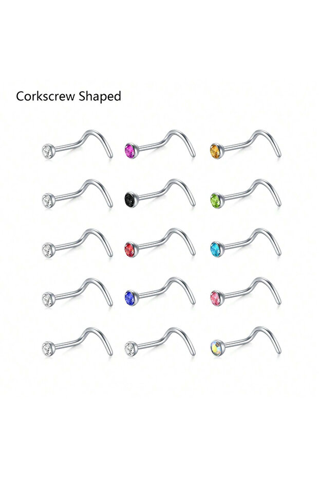 0.8x7x2mm Corkscrew Shaped 15Pcs Nose Rings Studs for Women Mens Nose Rings Surgical Steel Real Stud