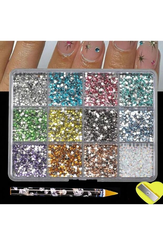 ZB146 12Grids(6000pc) 3D Resin Nail Art Rhinestones+Tools 2mm Brilliant Diamond Nail Charms DIY Clot