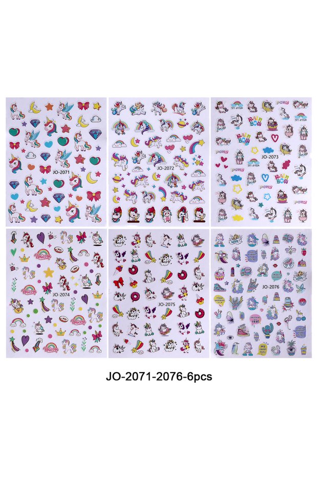 JO-2071-2076-6pcs 6pcs Cute Unicorn Nail Stickers 3D Kawaii Star Love Heart Rainbow Bow Clouds Self-