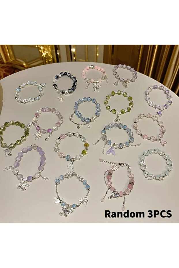 3-piece set (random 3pcs Set of Stylish and Elegant Women's Glass Bead Bracelet Set, Featuring Spark