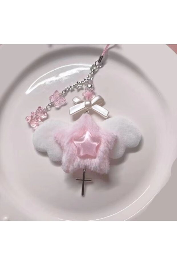 1 New Acrylic Bowknot Phone Chain Pink Bear Bowknot Angel Wing Pendant Sweet Keychain Bag Ornament .