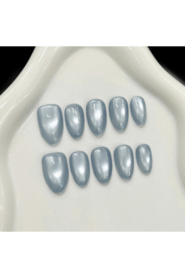 S 10pcs Handmade Glass Bead Cat Eyes Press on Nails Solid Color Fake Nails Wearable Reusable Ins Si.