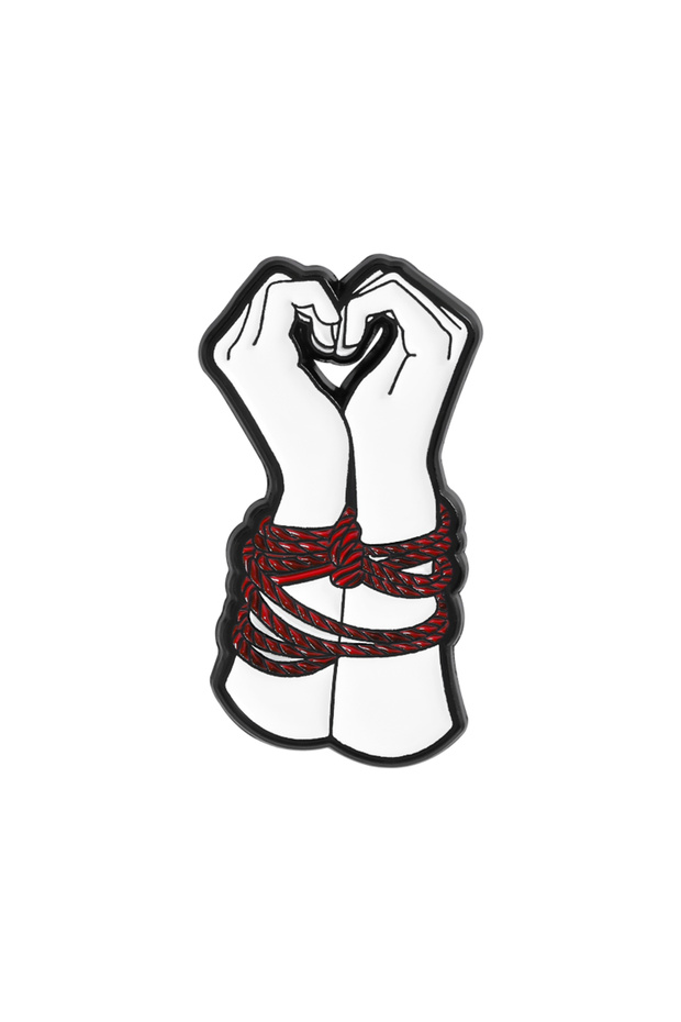 as show Red Rope Binding Hands Together Enamel Pin Finger Heart Gesture Metal Brooch Lapel Backpack