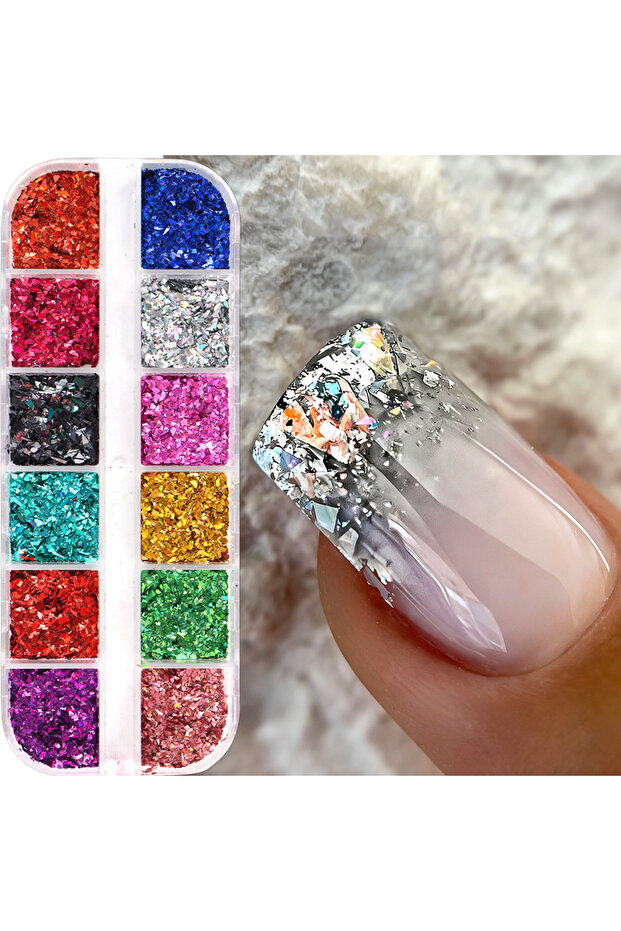 F-304-01 12 Grids Irregular Flakes Nail Sequins Glitter Holographic Silver Gold Nail Art Sequins Fla