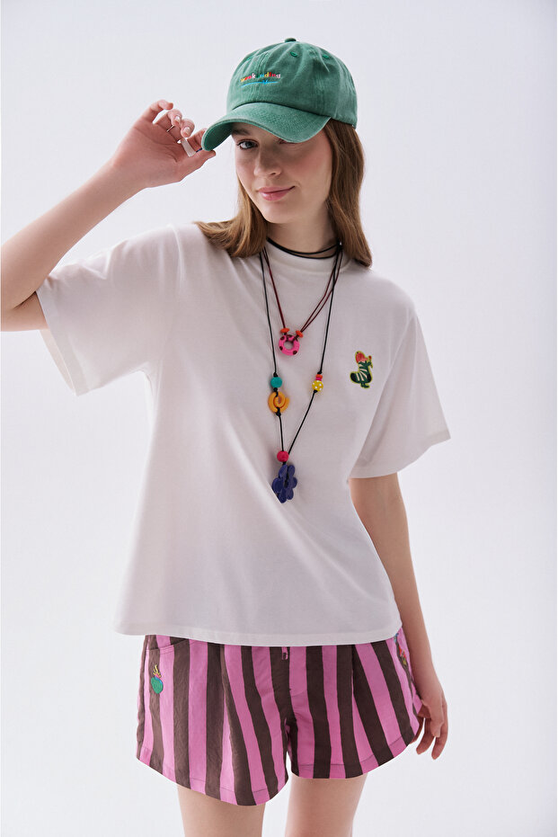Women's White Printed Crew Neck T-Shirt