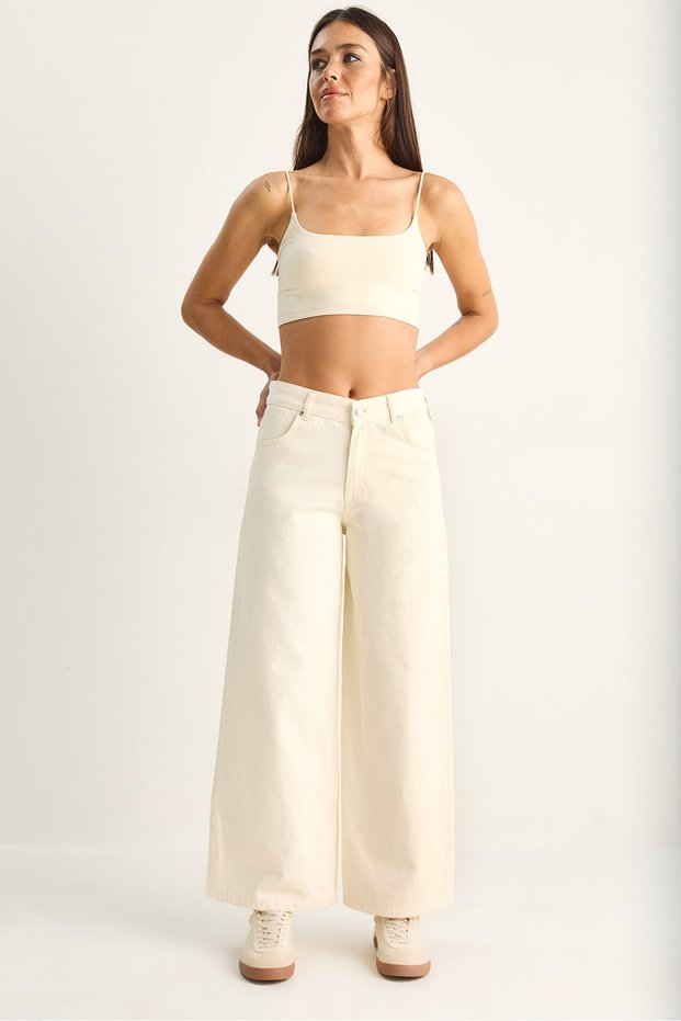Women's Cream Patterned Pocket Detailed High Waist Wide Leg Denim Trousers 60282059