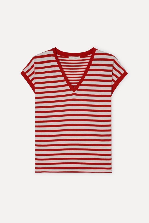 Women's Red Striped Loose Fit V-Neck T-Shirt