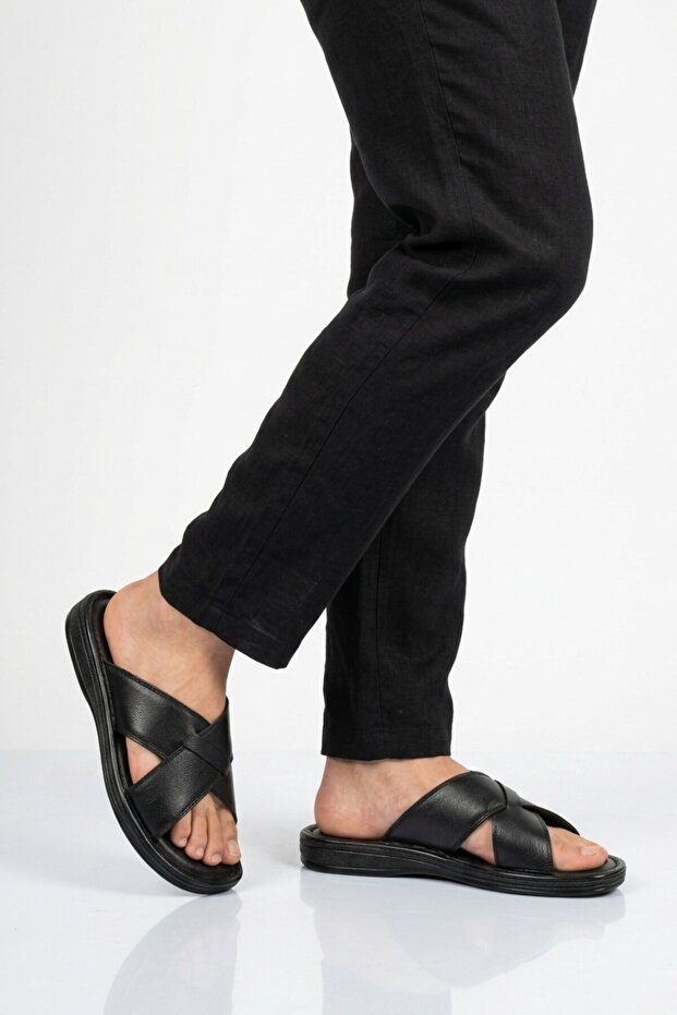 Black Genuine Leather Men's Flat Slippers