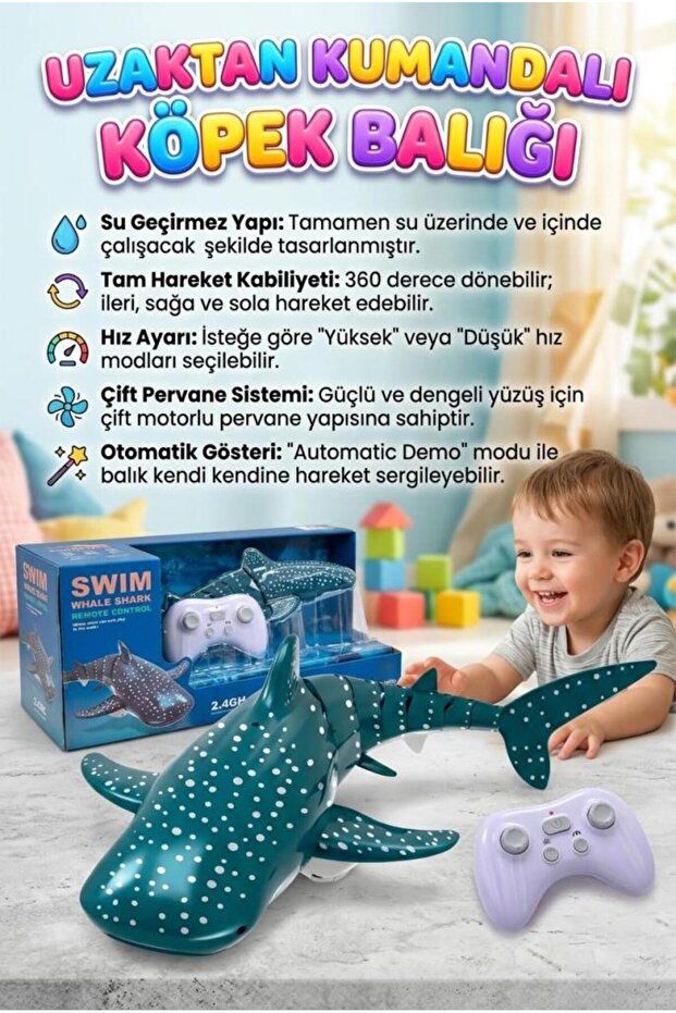 Tıfıl Toys Uzaktan Kumandalı 6 Fonksiyonlu Su Geçirmez Pilli 360 Derece Dönebilen Oyuncak Balina Köpekbalığı