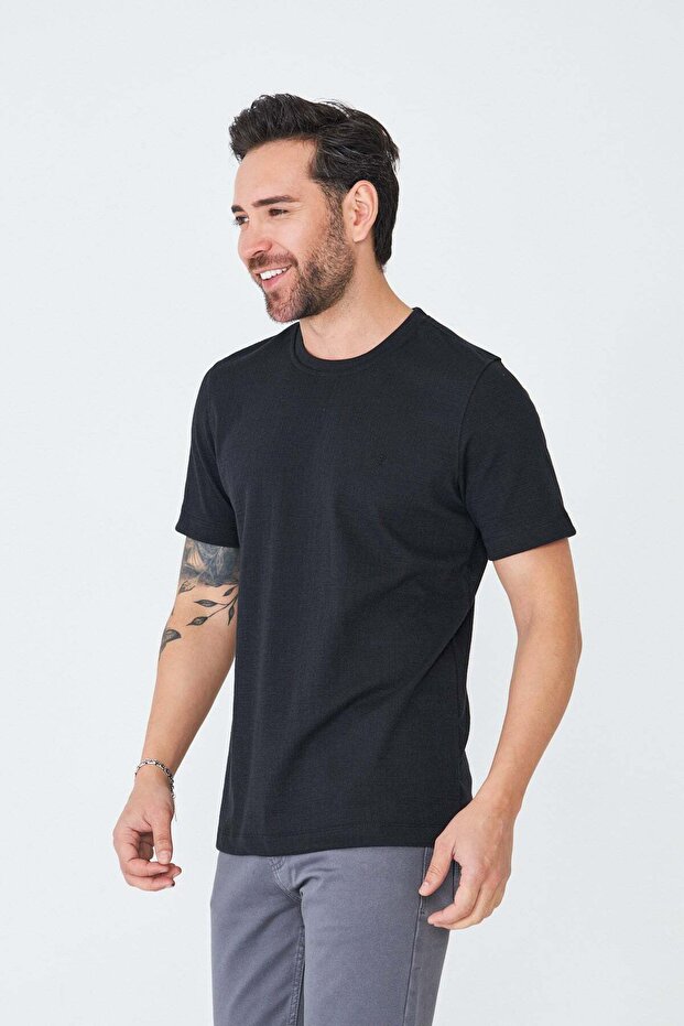 Black Micro Patterned Men's Basic T-Shirt - 7