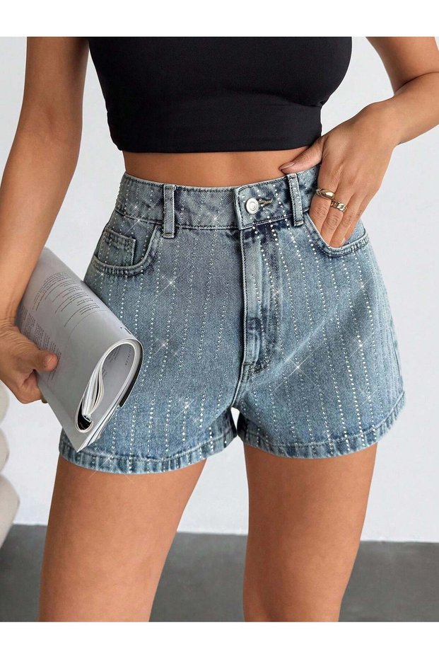 Women's High Waist Stone Detailed Blue Denim Shorts Shiny Look Stylish Jean Shorts