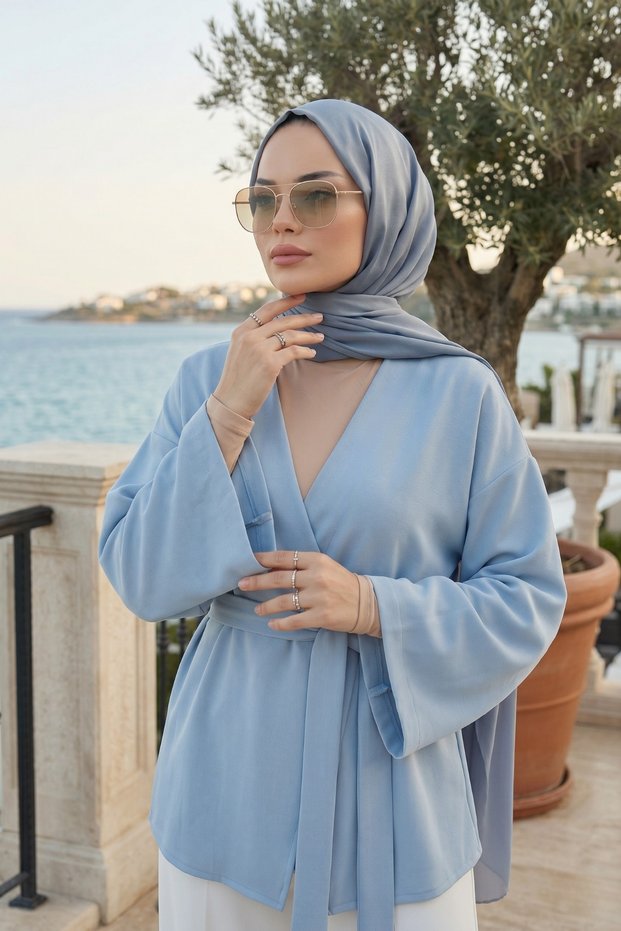 Blue Women's Belted Hijab Kimono 1177