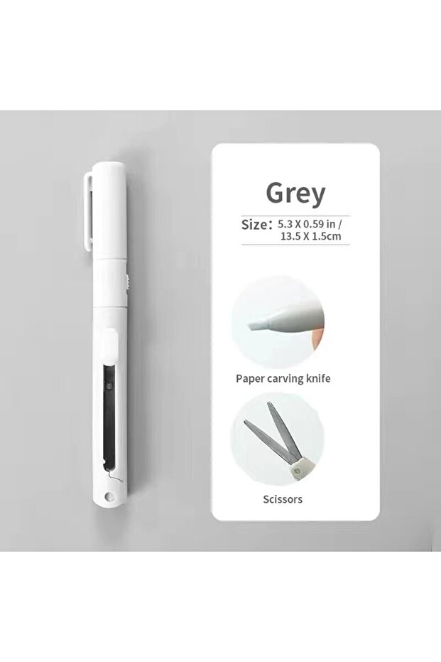 Grey 1pc Mini Portable Scissors Paper Cutter Knife 2 In 1 Multifunctional Pocket Pen Shape Scrapbook