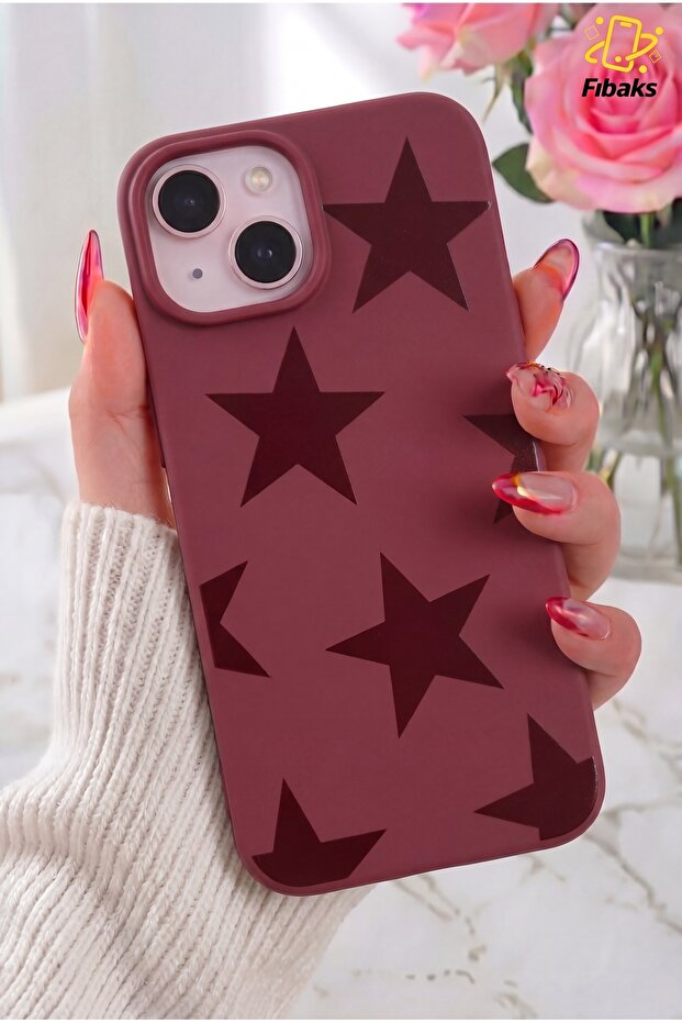 Fibaks iPhone 15/14/13 Kılıf Bordo Yıldız Star Desenli Silikon Darbe Emici Klasik Silikon Kapak