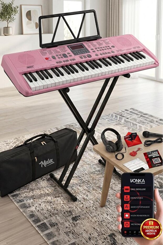 Midex PS-1800PK-SET 61 Tuşlu Kaliteli Pembe Org Dijital Ekran Stand Kulaklık Çanta Notalık Adaptör S