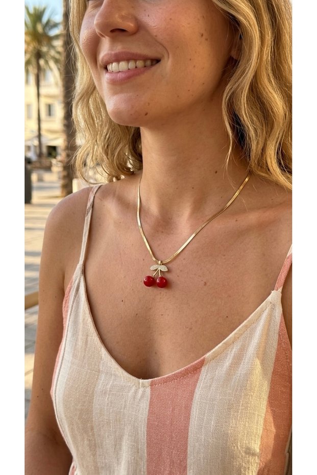 Steel Necklace, Anti-Tarnish, Anti-Allergic, with Cherry Figure (2 Years Importer Guarantee)
