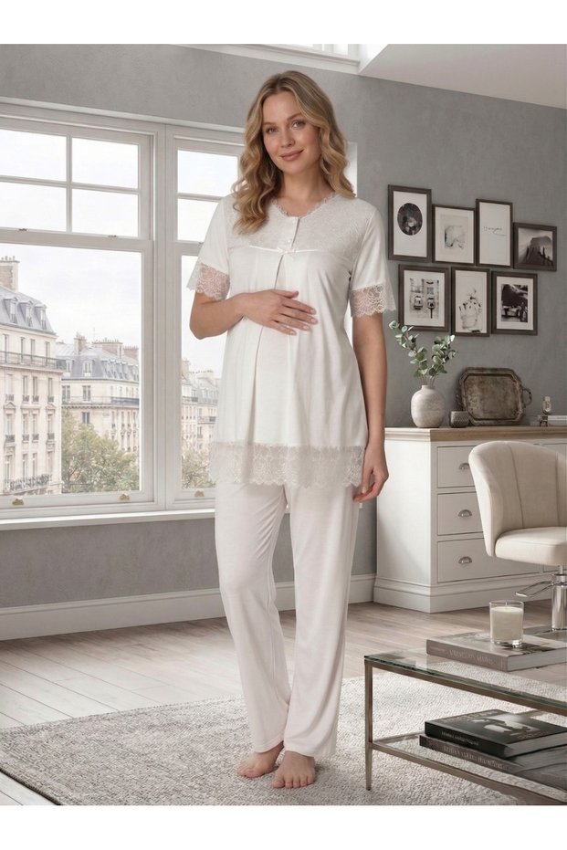 New Season Ecru Maternity Summer Elegant Lace Detailed Design Short Sleeve 100% Cotton Pajama Set
