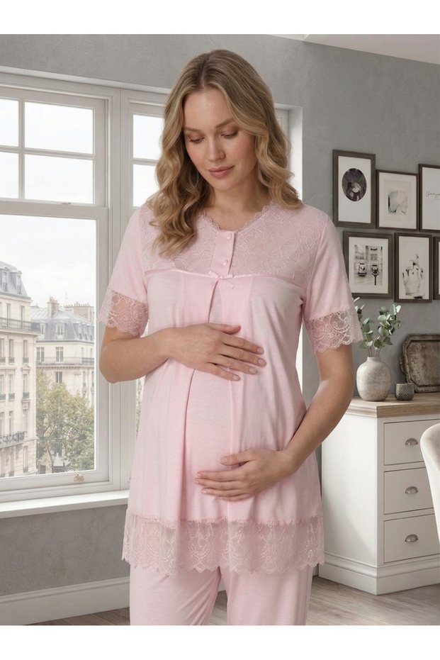 New Season Pink Maternity Summer Elegant Lace Detailed Design Short Sleeve 100% Cotton Pajama Set
