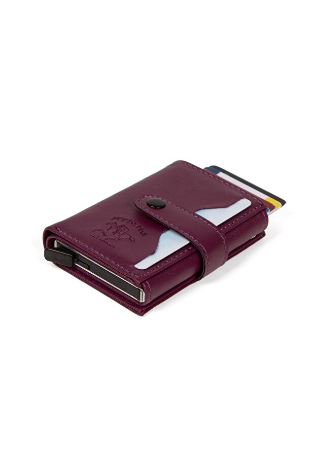 Women's Leather Rfid Protective Aluminum Automatic Mechanism Card Holder and Wallet