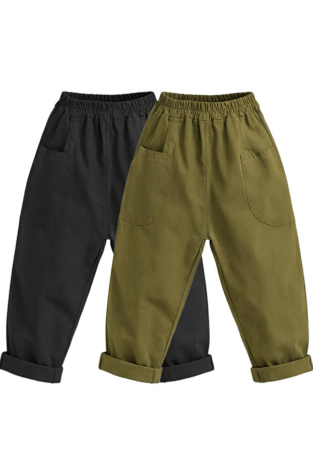 2-Pack Boys' Cotton Linen Boyfriend Pants (Black&Khaki)