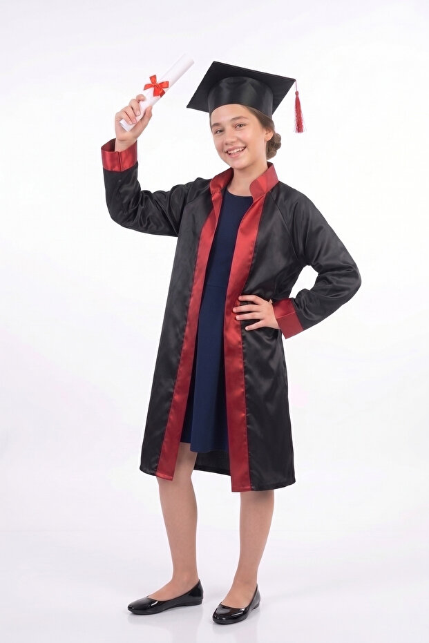 Children's High School Red Striped Black Graduation Gown and Cap Set