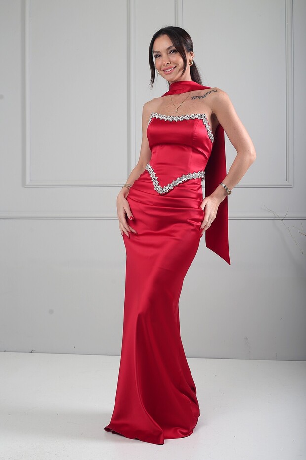 Women's Strapless Transparent Strap Lined Shiny Stone Detailed Satin Long Dress with Draped Flared Skirts on the Front