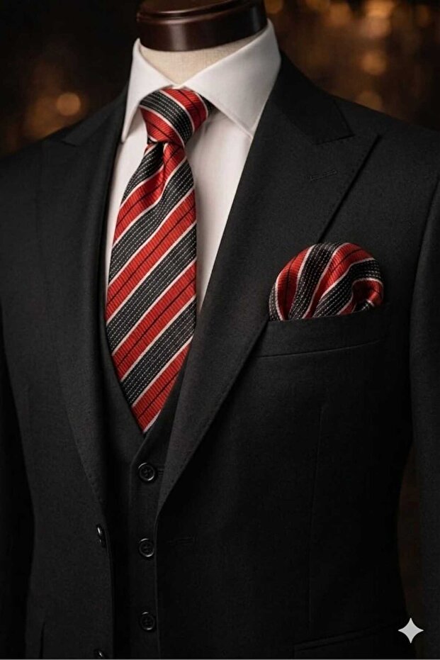 Men's Black Red Striped Tie Handkerchief