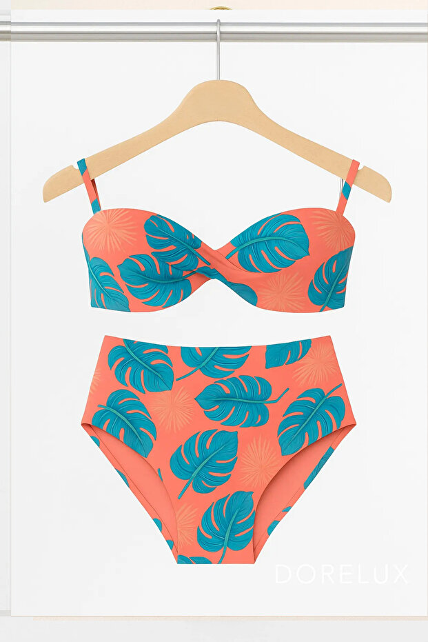 Women's Leaf Padded Strapless High Waist Bikini Set