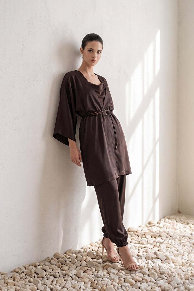 Bitter Brown Satin Waist Belt Detailed Comfortable Cut Kimono