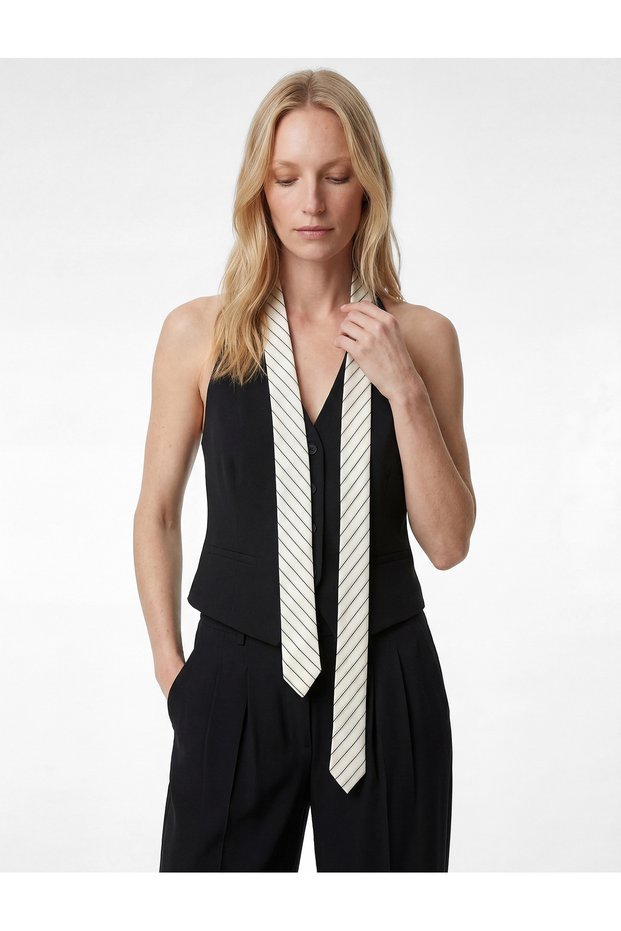 Tie Detailed Sleeveless V-Neck Viscose Blend Blazer Vest