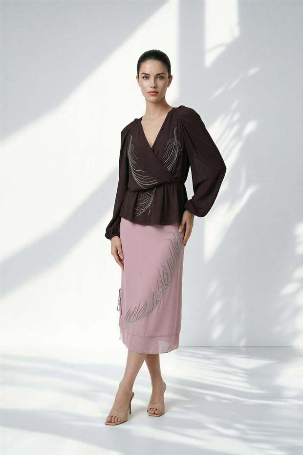 Powder Stone, and Tulle Detailed Full-Fit Midi Skirt