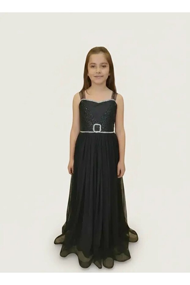 Silvery Belted Travel-Length Evening Dress
