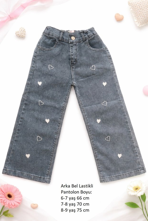 Girl's Jean Trousers with Elastic Waist at the Back and Heart Embroidery
