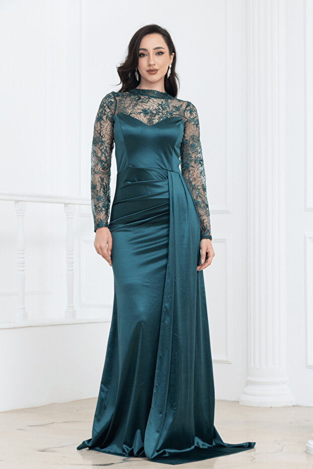 Lace Detailed Satin Evening Dress - Emerald Green