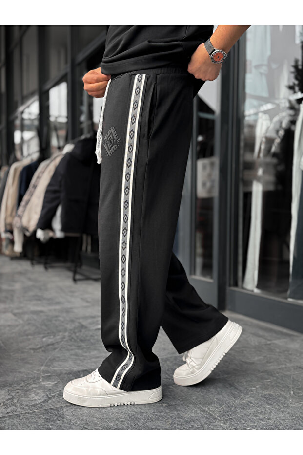 Black Patterned Striped Pipe-Legged Tracksuit Res-1075 - 5