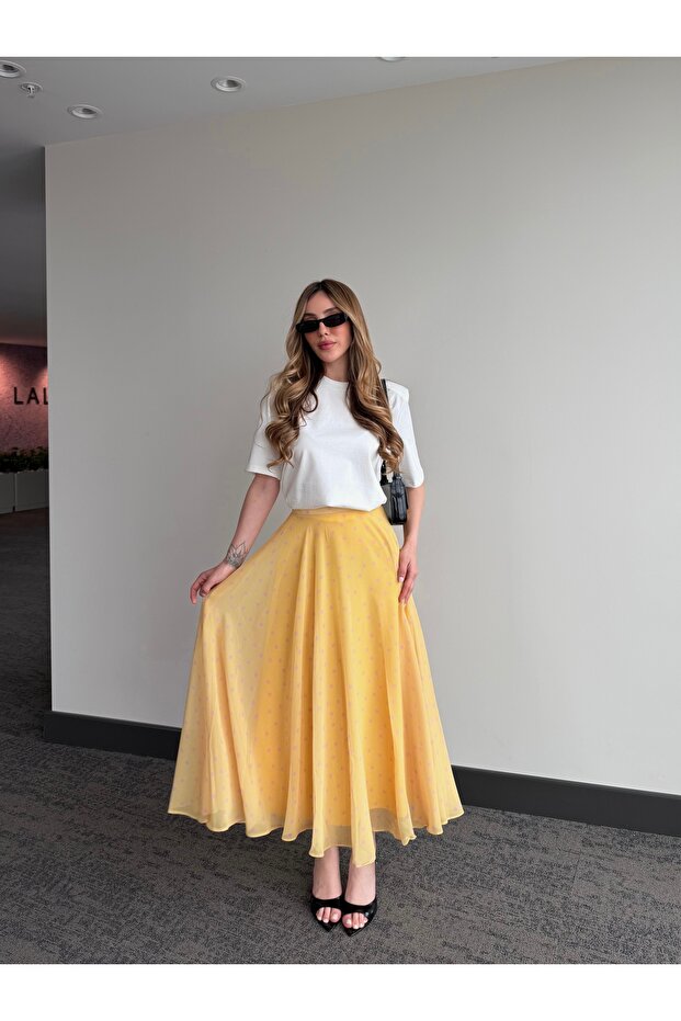 Yellow Chiffon Polka Dot Skirt - 0613