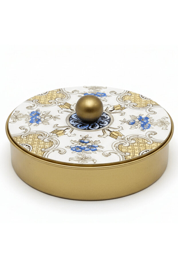 May Flower Round Gold Candy Box with Decorative Lid for Sweets Gift Storage – 15cm
