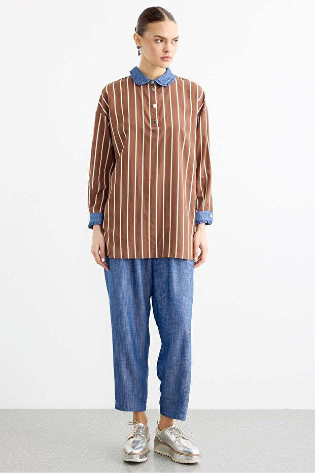 Ruffle Detailed Collar Half Placket Tunic Trouser Set Brown