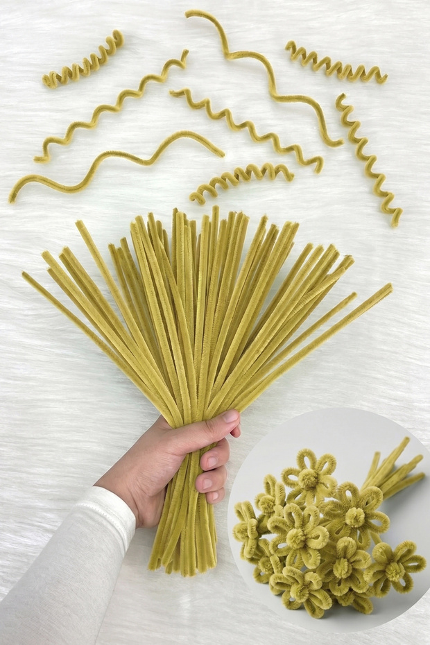 100 Pieces Soft Gold Chenille 30cm, Fuzzy Plush Velvet Wire, Handicraft, Flower, Gift, Decoration, School, Event