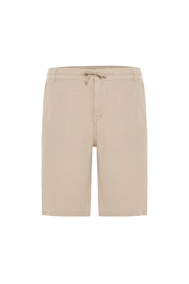 Men's Beige Color Straight Fit Tie-Up Linen Shorts