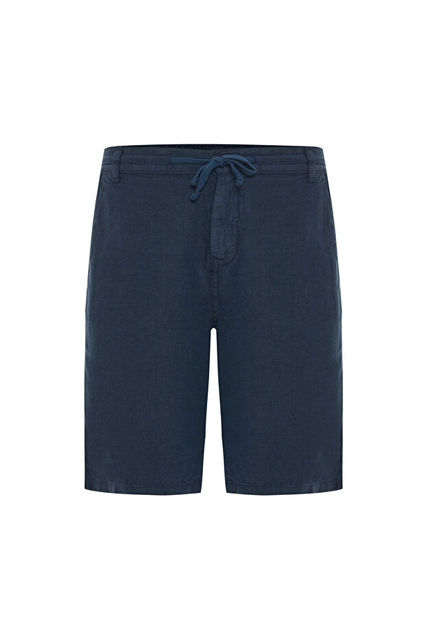 Men's Navy Blue Straight Fit Tie-Up Linen Shorts