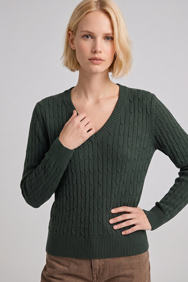 Agostina Dark Green 100% Cotton V-Neck Knit Sweater