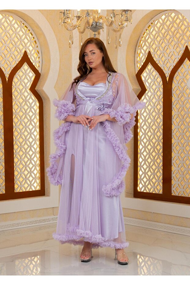 Special Design Tull, 2-Piece Long Dressing Gown with Diamond Details