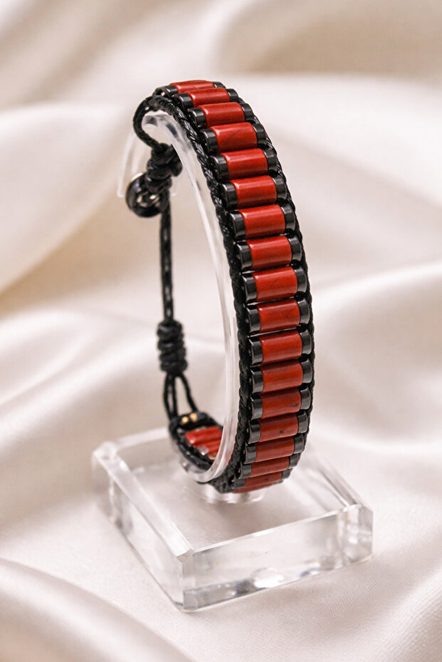 Natural Stone Bracelet for Women and Men - Tile Red Agate Leather Button Lock Natural Stone Bracelet