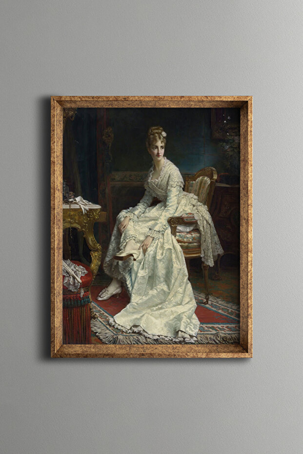 Elegant Woman Sitting in Classic Salon - Vintage Patterned Frame - Slim Model