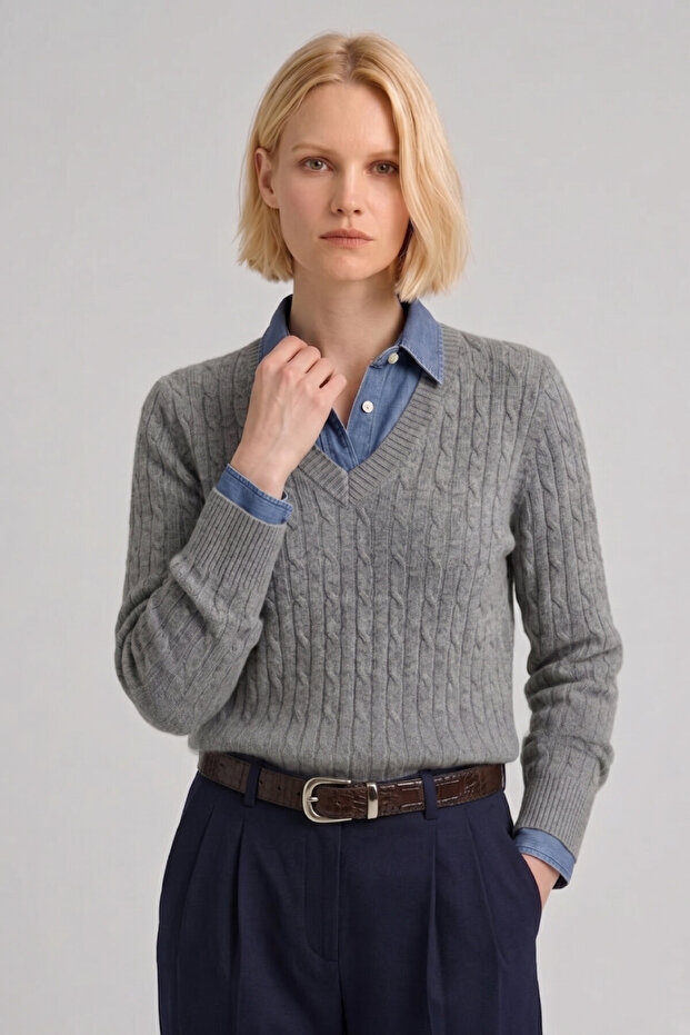 Agostina Gray 100% Cotton V-Neck Knit Sweater