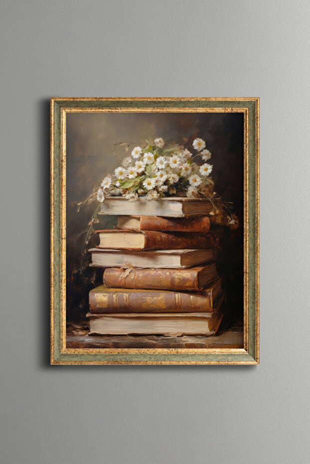 زهور الأقحوان على الكتب - إطار بنمط عتيق - موديل نحيف