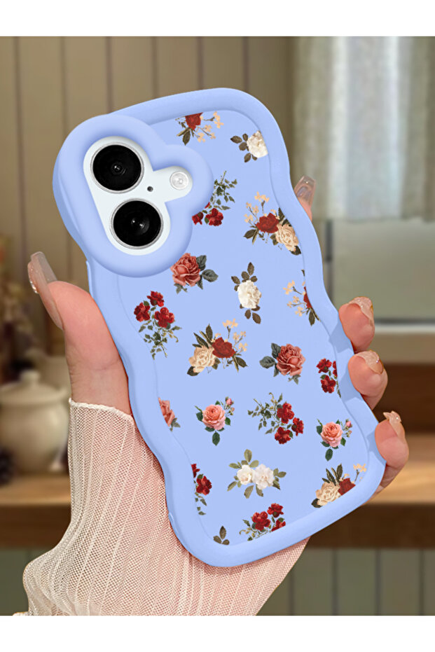 iPhone 16 Plus Compatible Shockproof Simple Blue Silicone Phone Case Flower Pattern
