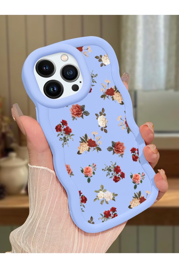 iPhone 13 Pro Compatible Shockproof Simple Blue Silicone Phone Case Cover Flower Pattern